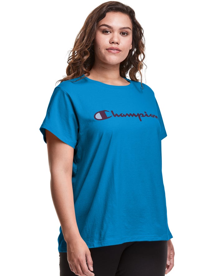 Champion Womens T-Shirt NZ - Plus Classic Script Logo Blue ( 5370-FYLIO )